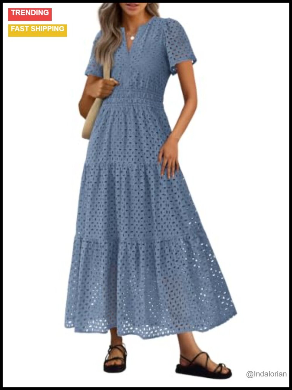 Women's Eyelet Maxi Dress Short Sleeve V-Neck A-Line Ruffle Hem Summer